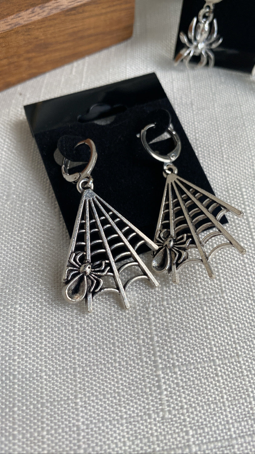 Silver Spider Web Huggie Hoop Earrings