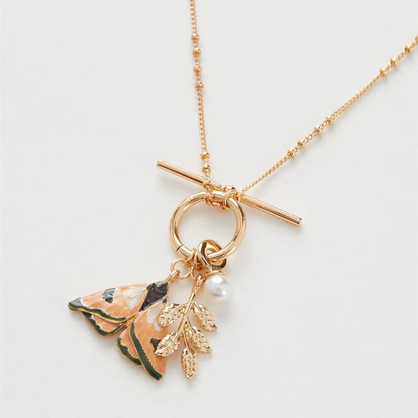 Enamel Leaf & Moth Charm Necklce