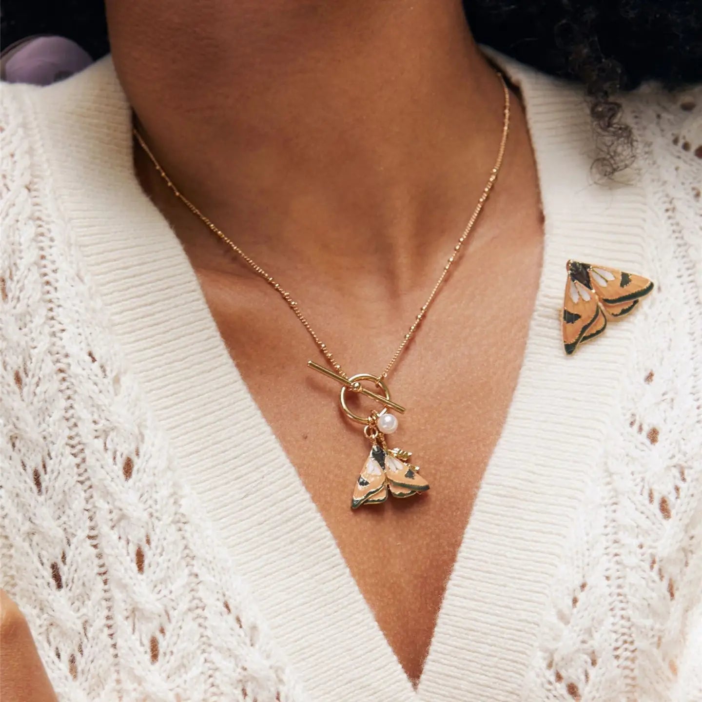 Enamel Leaf & Moth Charm Necklce