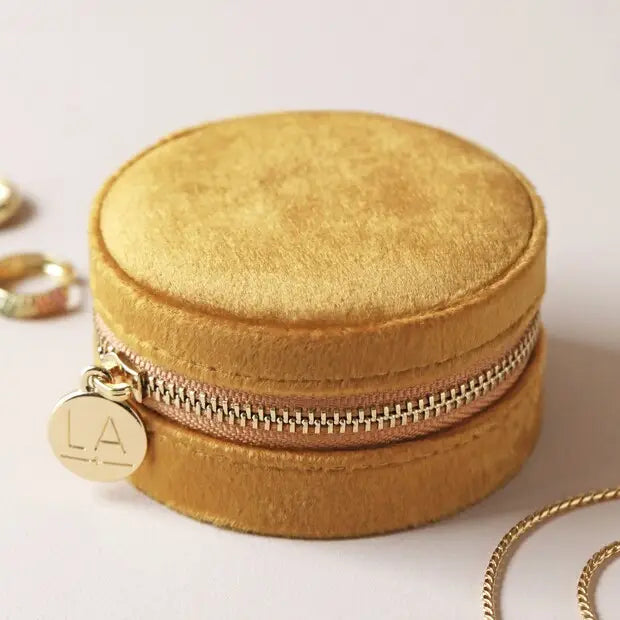 Mustard Round Velvet Jewelry Case with Floral Lining