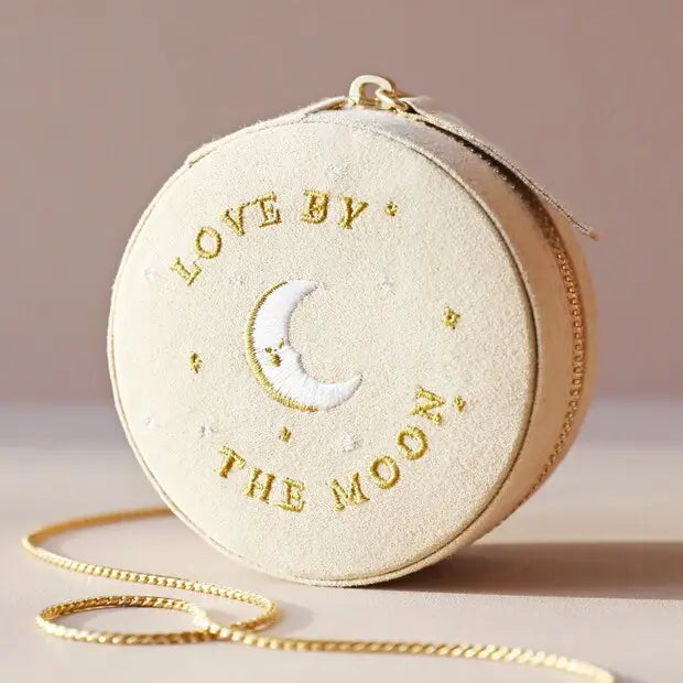 Sun + Moon Embroidered around Jewelry Case, Beige